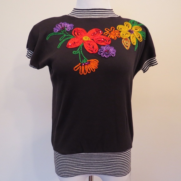 Vintage 80s Statement Knit Top | Ribbon Embroidery & Gem Accents | Retro Glam - Picture 4 of 8